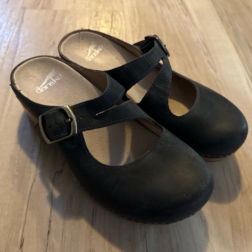 Dansko Black Leather Mules with Buckle